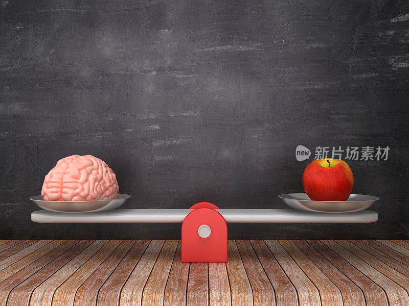 跷跷板尺度与人脑和苹果在黑板背景- 3D渲染